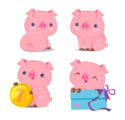 Cute Pig Set Vector Illustration. Cartoon Character