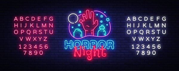 Horror Night neon sign vector. Halloween Poster Design template neon sign, Horror light banner, neon signboard, nightly bright advertising, light inscription. Vector. Editing text neon sign