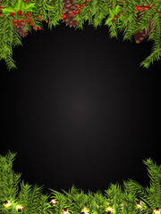 Christmas border (Weihnachten Girlande) with fir branches, pine cones, holly, and string lights. Merry Christmas background with open space for your text.