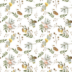 autumn pattern/Watercolor hand drawn pattern with autumn elements contours: foliage, berries and acorns for your design.
