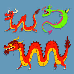 Cute cartoon Chinese dragons set. Vector flat fairy animals character isolated on background.