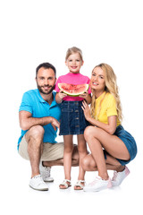 happy family with watermelon isolated on white