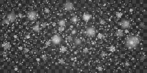 White tender snowflakes, snow falling over transparent background, vector illustration. Winter texture concept, Christmas weather elements.