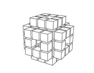 Abstract 3d shape from cubes. Vector outline illustration.