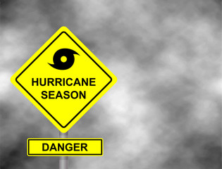 Hurricane sign road. Yellow hazard warning sign against grey sky - tornado warning, bad weather warning, vector illustration. Hurricane season with symbol sign against a stormy background.