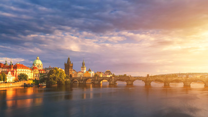 Fototapeta na wymiar Prague Scenic spring sunset aerial view of the Old Town pier architecture and Charles Bridge over Vltava river in Prague, Czech Republic