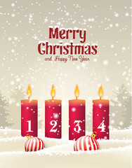 Red advent candles with numbers in snowy landscape