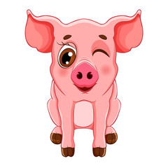 Sketch cartoon wink pig sitting, for children coloring book.