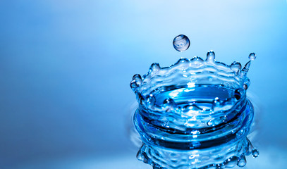 Abstract circle ripple water drop reflection. Blue fresh liquid texture background with copy space for design.