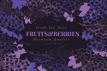 Grape berry frame template. Hand drawn vector fruit illustration on chalk board. Engraved style vintage botanical background.