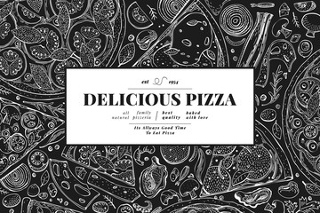 Italian pizza and ingredients frame. Italian food banner design template. Vintage hand drawn vector illustration on chalk board. Can be use for menu or packaging.