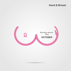 Hand shape & Breast icon.Breast Cancer October Awareness Month Campaign banner.Women health concept.Breast cancer awareness month logo design.Realistic pink ribbon.Pink care logo.Vector illustration - obrazy, fototapety, plakaty