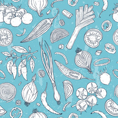 Vector hand-drawn seamless pattern with organic vegetables - tomato, pepper, onion on light blue background. Natural background for textiles, banner, wrapping paper and other designs.