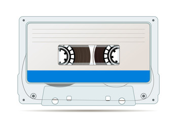 Fototapeta premium Realistic audio cassette with magnetic tape, vintage object isolated on white