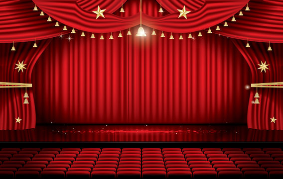 Red Stage Curtain with Seats and Copy Space. Theater, Opera or Cinema Scene.