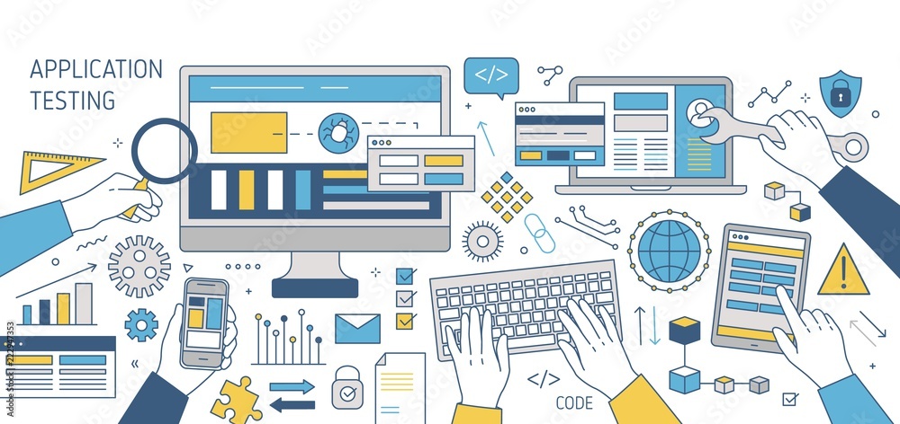 Aufkleber Colorful banner with hands working on various electronic devices - computer, smartphone, tablet pc. Cross-platform software, program or application testing. Vector illustration in line art style.