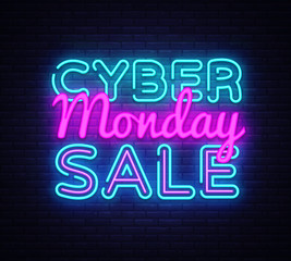 Naklejka na ściany i meble Cyber Monday Vector, discount sale concept illustration in neon style, online shopping and marketing concept, illustration. Neon luminous signboard, bright banner, luminous advertisement