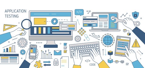 Colorful banner with hands working on various electronic devices - computer, smartphone, tablet pc. Cross-platform software, program or application testing. Vector illustration in line art style.