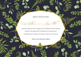 Vector polygonal gold frame with leaves of a forest fern, boxwood and eucalyptus branches on a black background. Suitable for wedding invitations, cards, posters, certificates, web