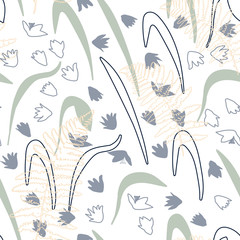 Fototapeta na wymiar Vector floral seamless pattern with hand drawn scilla or snowdrop flowers and fern leaves. Modern decorative background in pastel colors.
