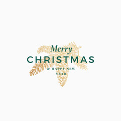 Merry Christmas Abstract Vector Retro Label, Sign or Card Template. Hand Drawn Golden Fir-Needle Branch with Strobile Sketch Illustration and Vintage Typography.
