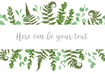 Beautiful festive frame with green leaves of forest fern, boxwood and eucalyptus. Vector sample for wedding invitations, cards, banners, certificates. Horizontal - obrazy, fototapety, plakaty