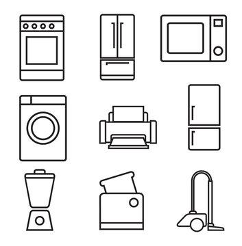 Household appliances icon set. Black sign on white background