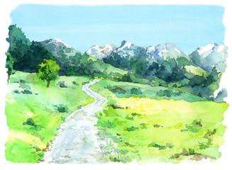 Landscape with a road in the Swiss Alps, forest and green meadows. Hand painted in watercolor. Isolated  on a white background.
