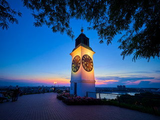 Clock Tower on the Petrovaradin fortress, Novi Sad, Serbia at sunset
