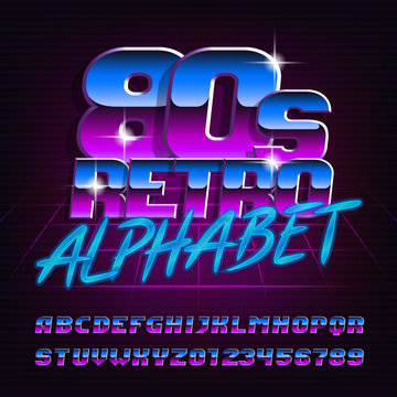 80s retro alphabet font. Uppercase italic letters and numbers. Stock vector typeface for your design.