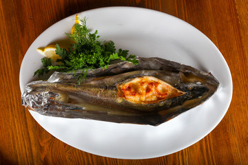 Baked trout with shrimps