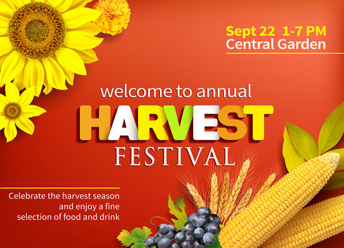 Harvest festival poster design. Invitation for crop fest. Vector illustration.