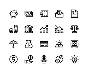 Simple Set of Financial Related Vector Line Icons. Contains such Icons as piggy, money, wallet, bill, coins and More. pixel perfect vector icons based on 32px grid editable strokes. Well Organized and