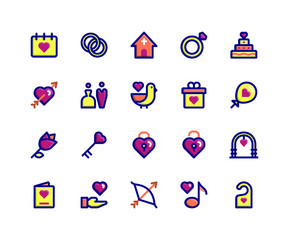 Simple Set of Wedding Related Vector Filled Line Icons. Contains such Icons as date, ring, church, cake, arch and More. pixel perfect vector icons based on 32px grid. Well Organized and Layered