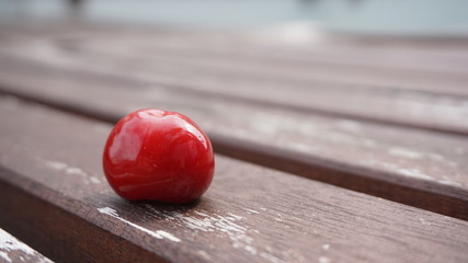 Bright red cherry isolated on wooden plank table