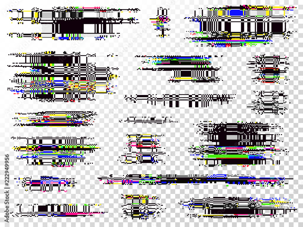 Poster glitch elements set. computer screen error templates. digital pixel noise abstract design. video gam
