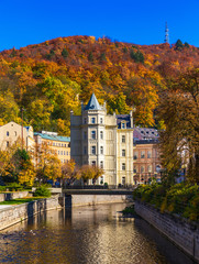 Architecture of Karlovy Vary (Karlsbad) in autumn, Czech Republic. It is the most visited spa town...