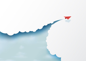 Red paper airplanes flying on blue sky and cloud.Paper art style of business success and leadership creative concept idea.Vector illustration