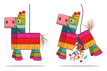 Mexican pinata horse with candy. Vector cartoon animal toy illustration isolated on white background.