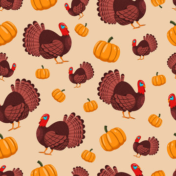 Turkey bird and pumpkin vector seamless pattern for holiday Thanksgiving. Cartoon background for wallpaper, wrapping, packing, and backdrop.