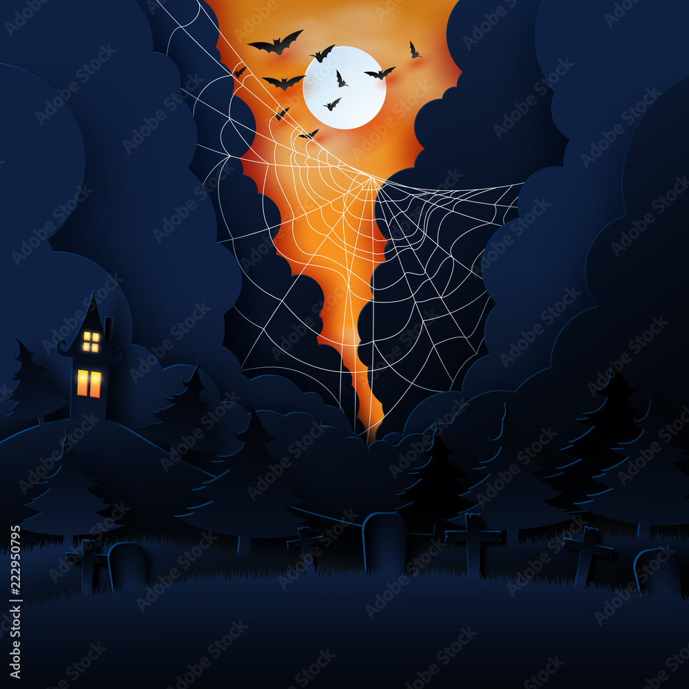 Aufkleber paper art of halloween night background.dark castle and full moon with spider web and cloud.vector i