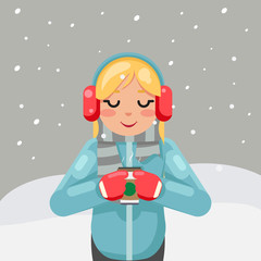 Hot drink tea coffee winter cute girl cup flat design vector illustration