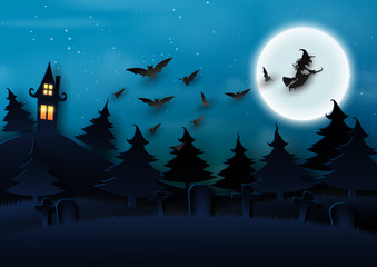 Fototapeta premium Paper art of halloween night background.Dark castle and full moon with the witch and bats.Vector illustration.