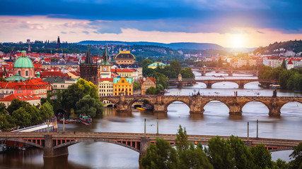 Famous iconic image of Charles bridge, Prague, Czech Republic. Concept of world travel, sightseeing and tourism.
