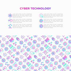 Cyber technology concept with thin line icons: ai, virtual reality glasses, bionics, robotics, global network, computer game, microprocessor, nano robots. Vector illustration, web page template.