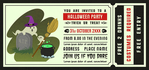 Halloween party invitation ticket style with illustration .