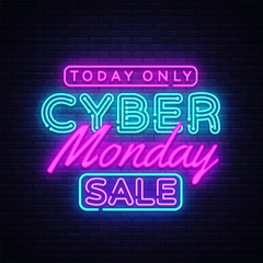 Obraz na płótnie Canvas Cyber Monday banner in fashionable neon style, luminous signboard, nightly advertising advertisement of sales rebates of cyber Monday. Vector Illustration