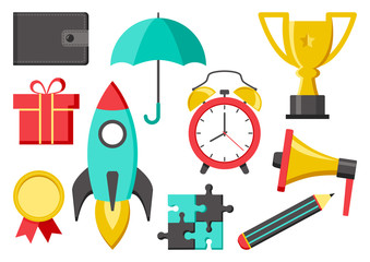 Set of icons for business or education. Wallet, umbrella, cup, medal, rocket, pencil, megaphone, alarm clock, puzzle, gift. Vector illustration