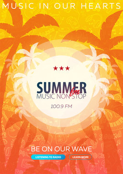 Beautiful flyer for summer party. Radio Music. Vector illustration. Invitation to nightclub.
