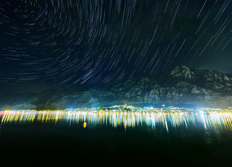 Kotor bay in Montenegro at night. Water reflections 